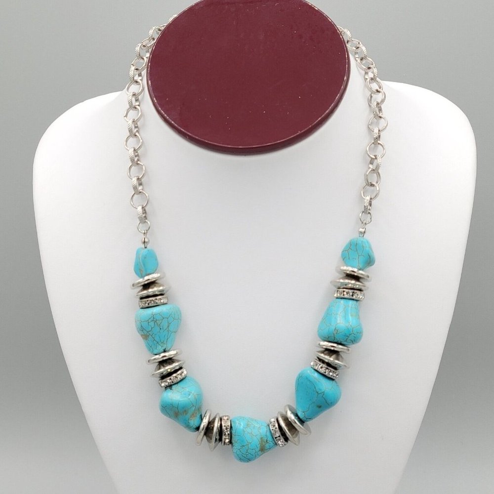 Womens Blue Howlite Silver Tone Metal Spacer Round Link Chain Necklace 18 in
